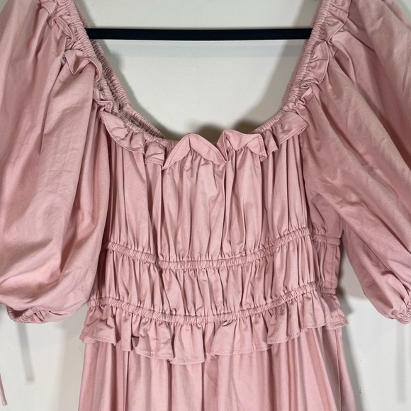 En Saison Poplin Cotton Midi Dress Puff Sleeves Tiered Shirred Sz XS Boho Pink - Picture 9 of 16